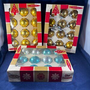 Vintage Coby American Made Glass Christmas Ornaments 3 Box Set Gold Silver Blue